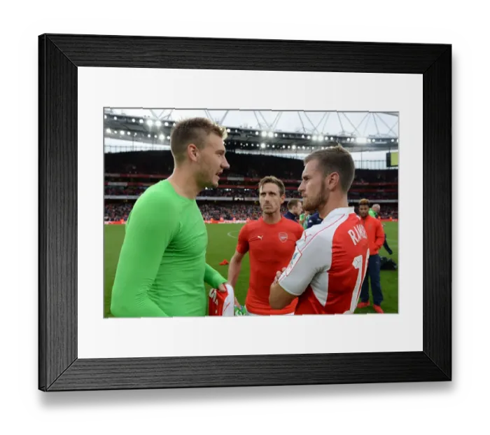 Framed Print : Arsenal's Ramsey and Monreal Converse with Bendtner of Wolfsburg Post-Emirates Cup Match Framed Print : Arsenal's Ramsey and Monreal Converse with Bendtner of Wolfsburg Post-Emirates Cup Match