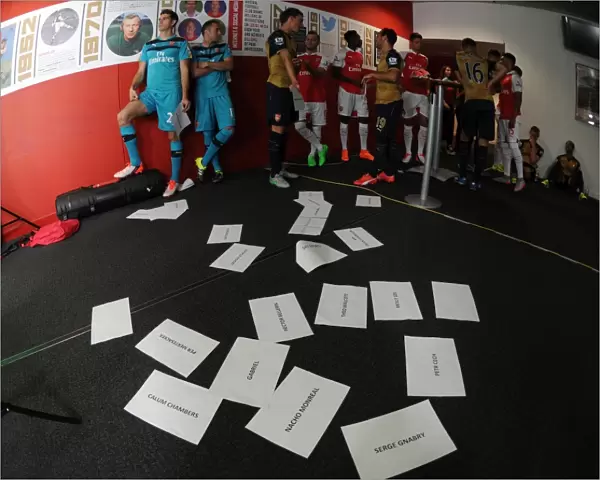 Arsenal players wait to do the Sky Sports walk up. Arsenal 1st Team Photcall