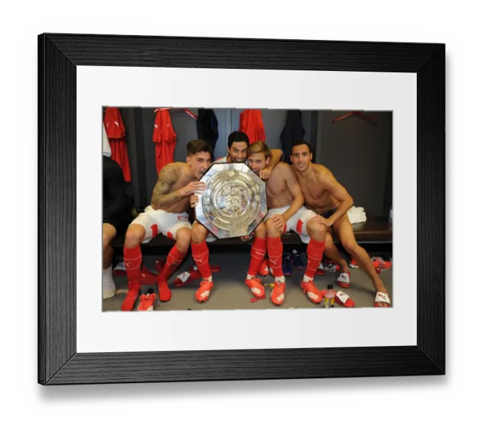 Framed Print : Arsenal Celebrate FA Community Shield Victory over Chelsea (2015-16): Hector Bellerin, Mikel Arteta, Nacho Monreal, and Santi Cazorla Rejoice