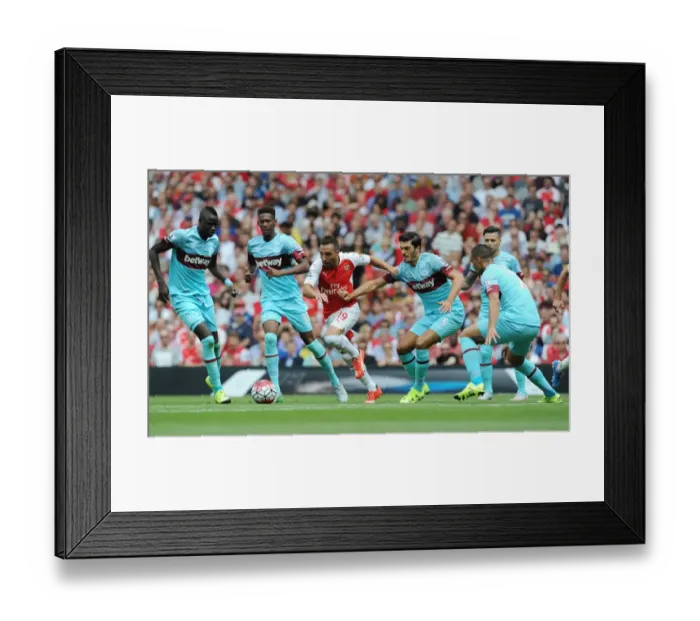 Framed Print : Arsenal's Santi Cazorla Faces Off Against West Ham's Kouyate, Oxford, Reid, and Tomkins (2015-16)