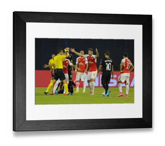 Framed Print : Olivier Giroud's Red Card: A Disappointing Debut for Arsenal in the UEFA Champions League Against Dinamo Zagreb (September 2015)