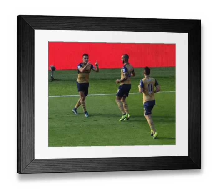 Framed Print : Alexis Sanchez celebrates scoring his 2nd goal, Arsenals 3rd, with Theo Walcott Framed Print : Alexis Sanchez celebrates scoring his 2nd goal, Arsenals 3rd, with Theo Walcott