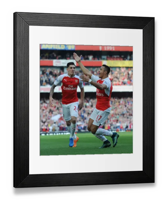Framed Print : Alexis Sanchez and Hector Bellerin: Arsenal's Dynamic Duo Celebrates First Goal Against Manchester United (2015 / 16)