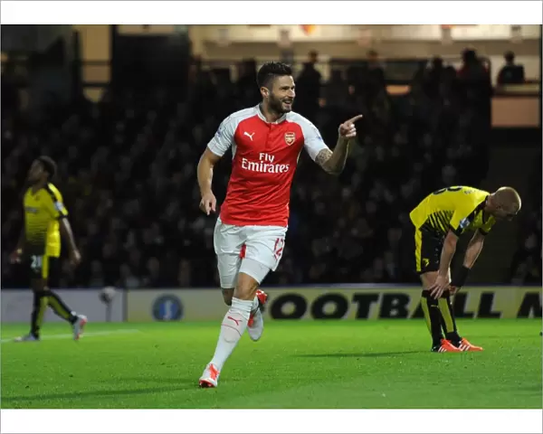 Arsenal's Olivier Giroud and Teammates Celebrate Second Goal Against Watford in Barclays Premier League