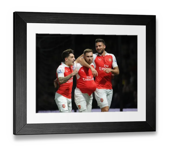 Framed Print : Triumphant Threesome: Ramsey, Giroud, Bellerin - Celebrating Arsenal's Goals Against Watford (2015 / 16) Framed Print : Triumphant Threesome: Ramsey, Giroud, Bellerin - Celebrating Arsenal's Goals Against Watford (2015 / 16)