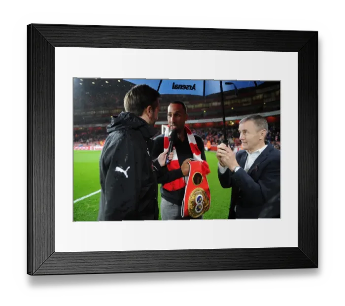 Framed Print : Boxing Champion James DeGale's Half-Time Chat with Arsenal's Nigel Mitchell and Jimmy McDonnell (Arsenal v Everton, 2015 / 16) Framed Print : Boxing Champion James DeGale's Half-Time Chat with Arsenal's Nigel Mitchell and Jimmy McDonnell (Arsenal v Everton, 2015 / 16)