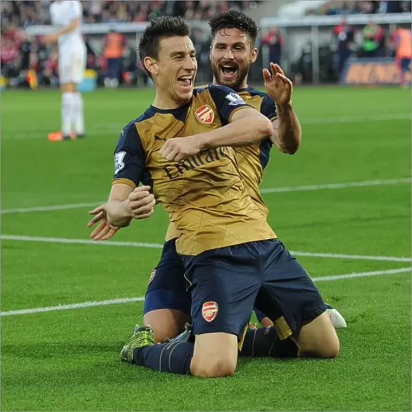 Arsenal's Unstoppable Duo: Koscielny and Giroud's Glorious Goal Celebration at Swansea, 2015-16