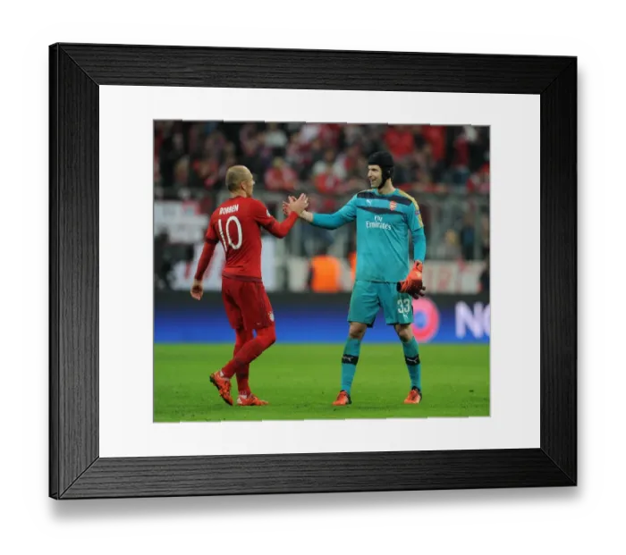 Framed Print : Petr Cech and Arjen Robben: A Moment of Sportsmanship Amidst Rivalry - Bayern Munich vs. Arsenal, UEFA Champions League, 2015