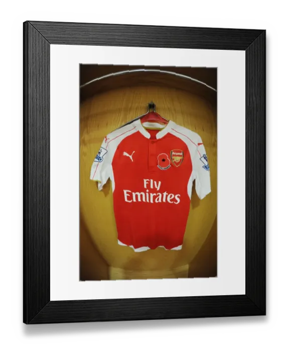 Framed Print : Arsenal's Poppy Shirts in Arsenal Home Changing Room Before Arsenal vs. Tottenham, 2015-16 Premier League
