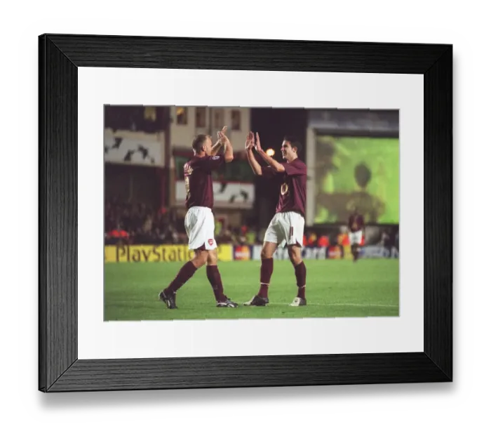 Framed Print : Robin van Persie celebrates scoring Arsenals 2nd goal (his 1st) with Dennis Bergkamp Framed Print : Robin van Persie celebrates scoring Arsenals 2nd goal (his 1st) with Dennis Bergkamp