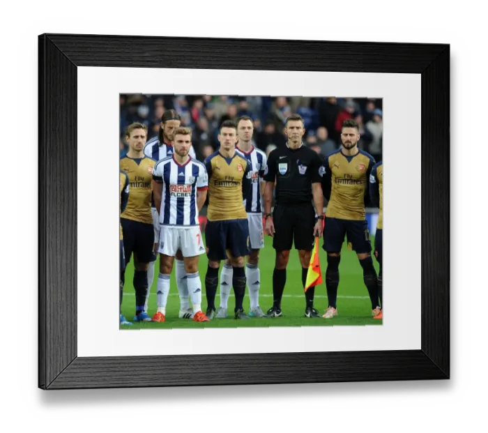 Framed Print : Pre-Match Moment: Arsenal and West Bromwich Albion - The Hawthorns, 2015: Laurent Koscielny, Olivier Giroud, Nacho Monreal, James Morrison, and Jonny Evans Pay Tribute During French National Anthem