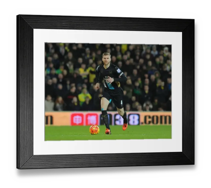 Framed Print : Per Mertesacker (Arsenal). Norwich City 1: 1 Arsenal. Barclays Premier League. Carrow Road