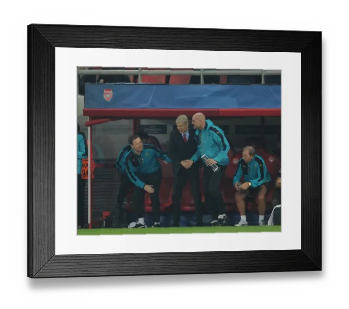 Framed Print : Arsene Wenger and Steve Bould: United in Victory - Arsenal vs. Olympiacos, UEFA Champions League (December 2015)