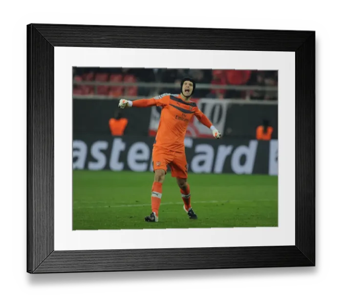 Framed Print : Petr Cech: Arsenal's Champions League Victory Celebration vs. Olympiacos (2015-16)
