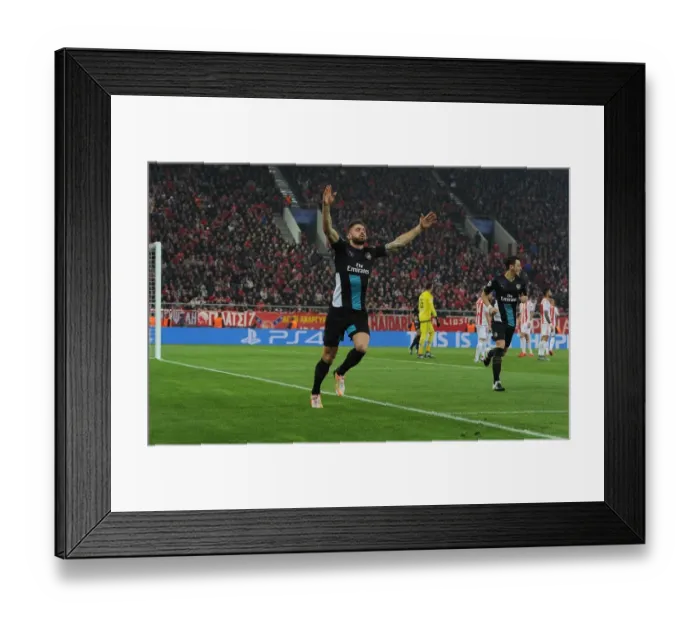 Framed Print : Olivier Giroud Scores His Second Goal: Arsenal's Victory in UEFA Champions League vs Olympiacos (December 2015)