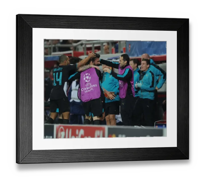 Framed Print : Arsenal's Unstoppable Scorers: Giroud, Walcott, Debuchy, and Ospina Celebrate Goals Against Olympiacos