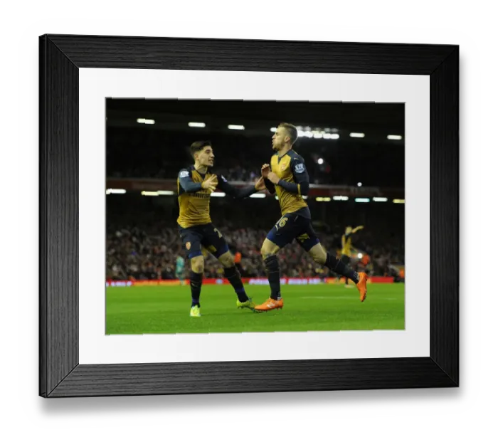 Framed Print : Arsenal's Ramsey and Bellerin Celebrate Goal Against Liverpool (2015-16)