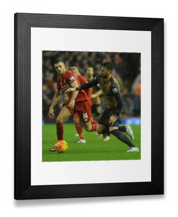 Framed Print : Clash at Anfield: Olivier Giroud vs. Jordan Henderson - Premier League Showdown Framed Print : Clash at Anfield: Olivier Giroud vs. Jordan Henderson - Premier League Showdown