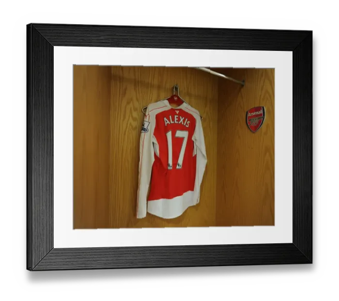 Framed Print : Alexis Sanchez's Abandoned Jersey in Arsenal Dressing Room Before Arsenal vs Chelsea (2015-16)
