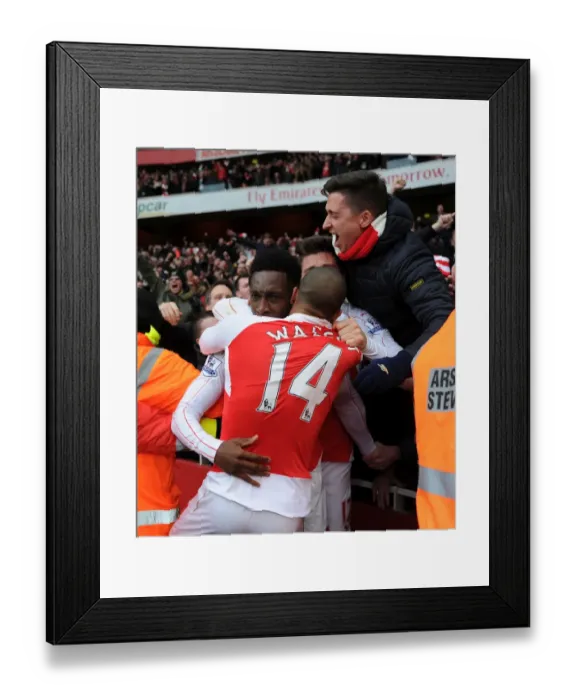 Framed Print : Arsenal's Danny Welbeck Scores Second Goal Against Leicester City in Premier League 2015-16: Celebrating with Theo Walcott and Fans Framed Print : Arsenal's Danny Welbeck Scores Second Goal Against Leicester City in Premier League 2015-16: Celebrating with Theo Walcott and Fans