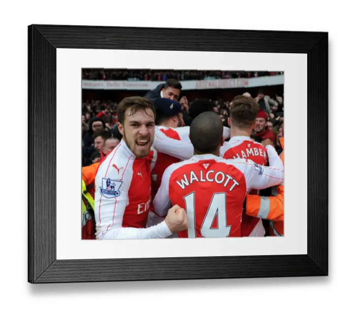 Framed Print : Arsenal's Aaron Ramsey Scores and Celebrates with Fans vs Leicester City (2016) Framed Print : Arsenal's Aaron Ramsey Scores and Celebrates with Fans vs Leicester City (2016)