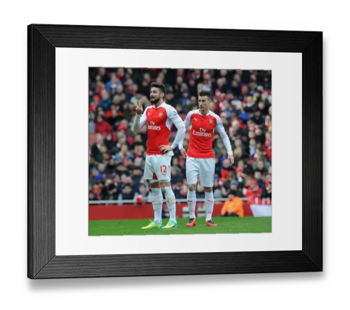 Framed Print : Arsenal's Giroud and Koscielny in Action: Arsenal vs. Leicester City, Premier League 2015-16 Framed Print : Arsenal's Giroud and Koscielny in Action: Arsenal vs. Leicester City, Premier League 2015-16