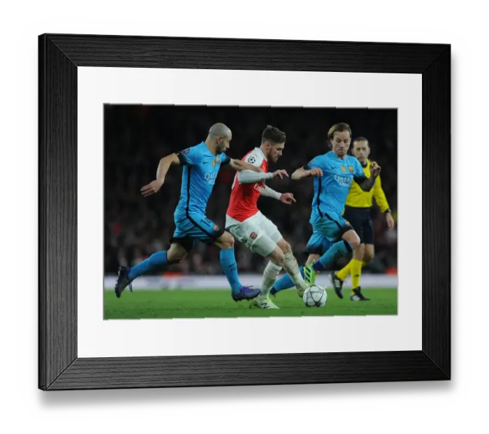 Framed Print : Arsenal vs. Barcelona: A Tense Champions League Battle, 2016 - Ramsey Faces Mascherano and Rakitic Framed Print : Arsenal vs. Barcelona: A Tense Champions League Battle, 2016 - Ramsey Faces Mascherano and Rakitic