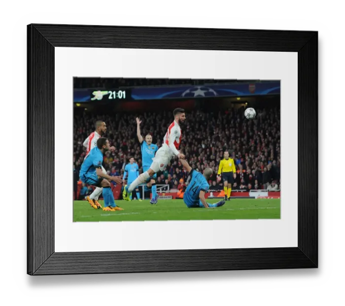 Framed Print : Olivier Giroud's Narrow Miss vs. Mascherano: Arsenal vs. Barcelona, UEFA Champions League 2016