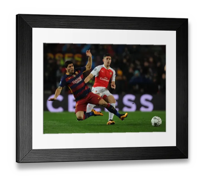 Framed Print : Gabriel vs. Luis Suarez: A Champion's Clash in the UEFA Champions League (Barcelona vs. Arsenal 2015-16)