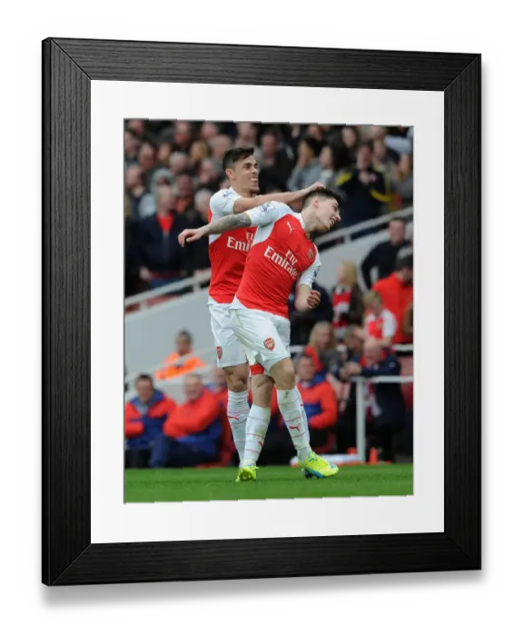 Framed Print : Arsenal's Unstoppable Duo: Bellerin and Gabriel Celebrate Their Third Goal Against Watford (April 2016)