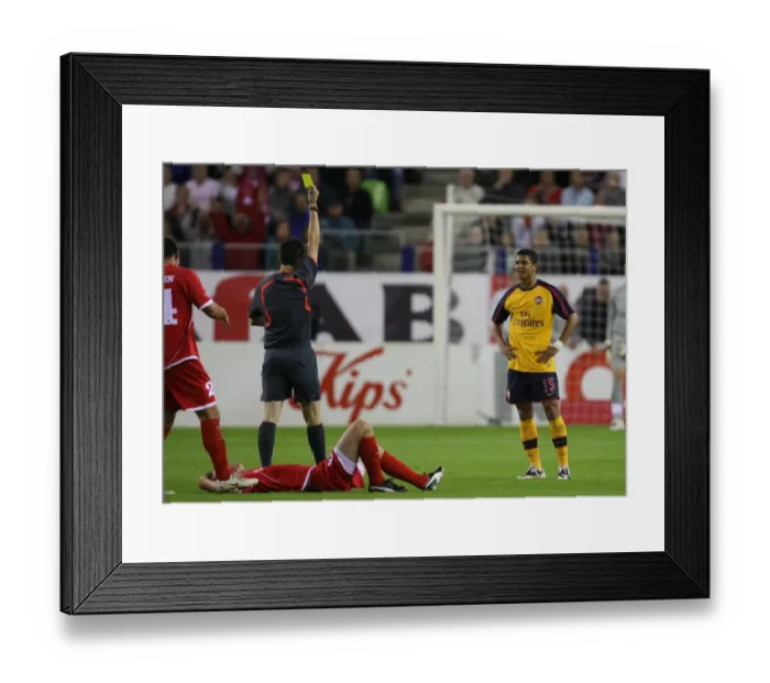 Framed Print : Denilson (Arsenal) is shown the yellow card by referee Framed Print : Denilson (Arsenal) is shown the yellow card by referee