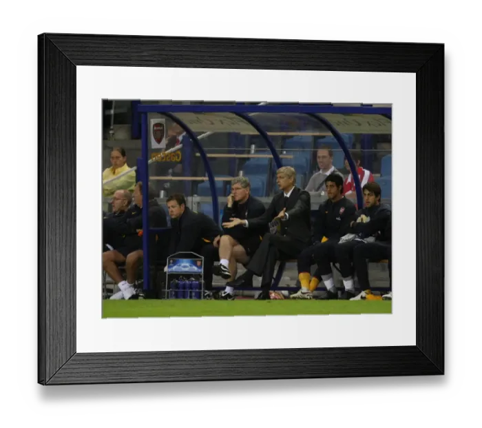 Framed Print : Arsene Wenger and His Team: Pat Rice and Colin Lewin, Lead Arsenal to Victory over FC Twente in Champions League Qualifier