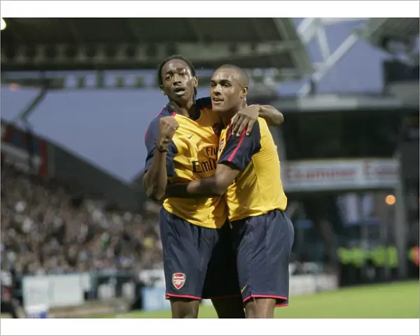 Sanchez Watt and Jay Simpson: Celebrating Arsenal's First Goal in Pre-Season Friendly against Huddersfield (August 6, 2008)