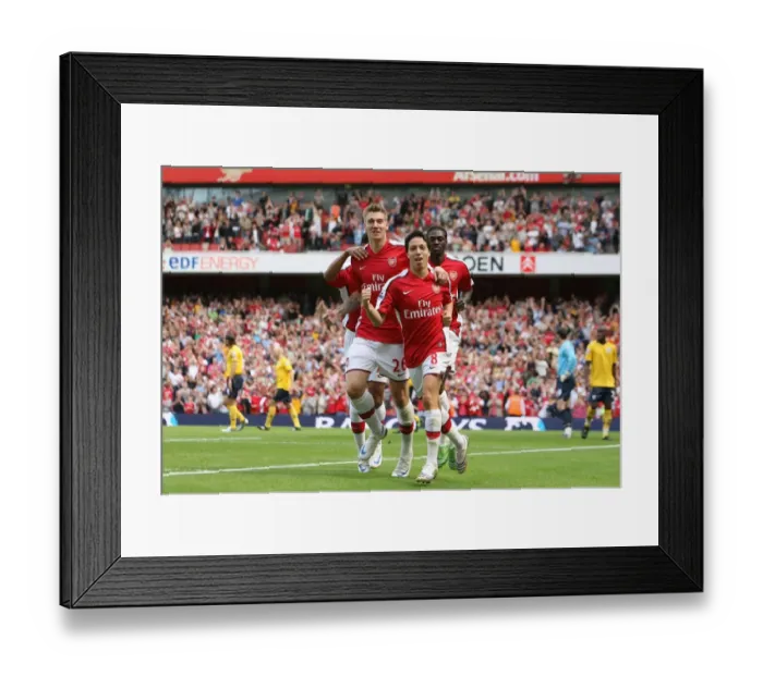 Framed Print : Samir Nasri celebrates scoring the Arsenal goal with Nicklas Bendtner