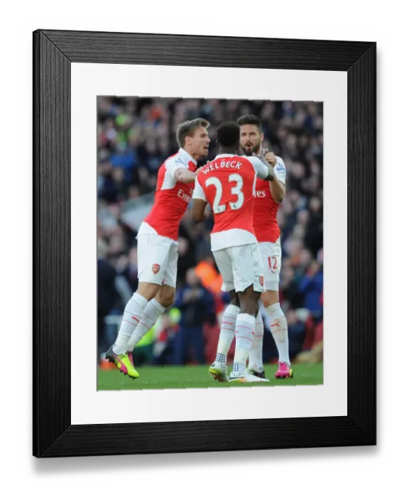 Framed Print : Arsenal Triumph: Giroud, Welbeck, Monreal Celebrate Goal vs. Norwich City (2015-16)