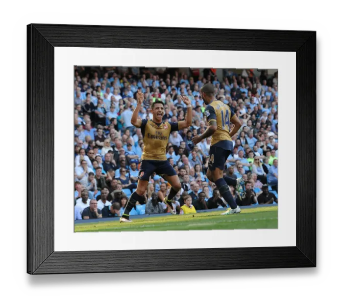 Framed Print : Alexis Sanchez and Theo Walcott: Arsenal's Unstoppable Duo Celebrate Goals Against Manchester City (May 2016)