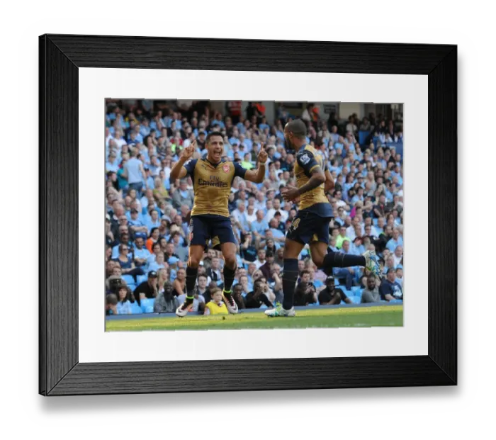 Framed Print : Unstoppable Arsenal Duo: Alexis Sanchez and Theo Walcott Celebrate Goals Against Manchester City (May 2016)