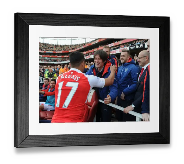 Framed Print : Arsenal's Double Delight: Sanchez and Rosicky Celebrate Goals vs. Aston Villa (2015-16)