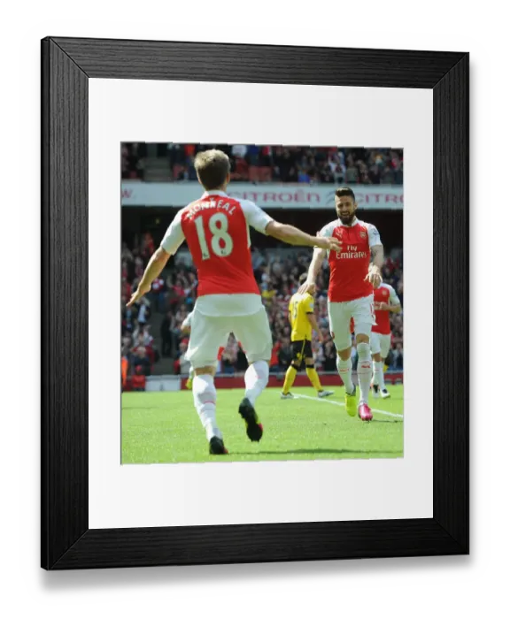 Framed Print : Arsenal: Olivier Giroud and Nacho Monreal Celebrate Goal Against Aston Villa (2015-16)