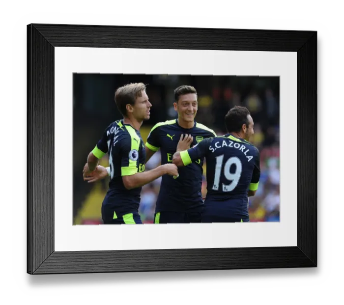 Framed Print : Celebrating Arsenal's First Goal: Cazorla, Monreal, Ozil (Watford vs. Arsenal, 2016-17)