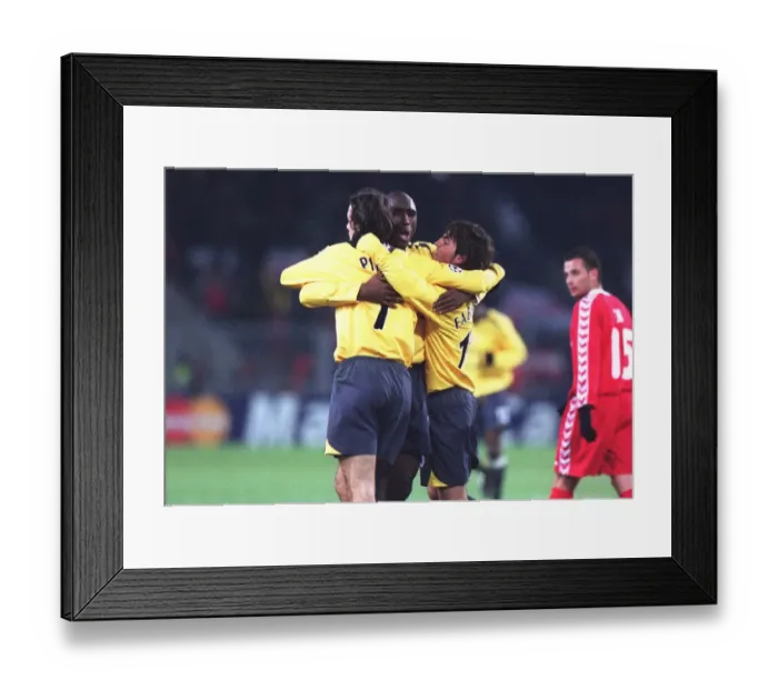 Framed Print : Robert Pires celebrates scoring a goal for Arsenal with Sol Campbell and Cesc Fabregas