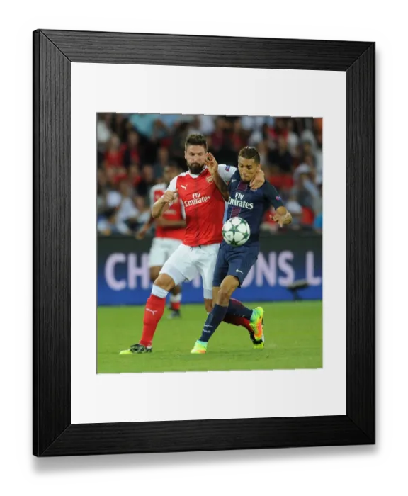 Framed Print : Champions League Showdown: Olivier Giroud vs. Marquinhos - Paris Saint-Germain vs. Arsenal (2016-17): A Clash of Titans