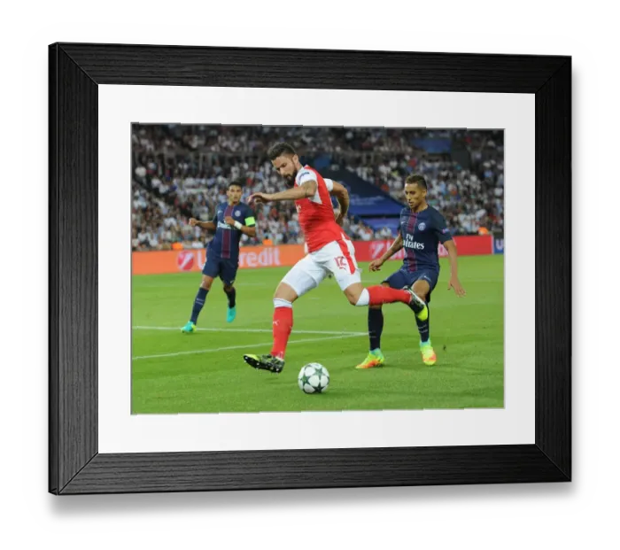 Framed Print : Champions League Showdown: Olivier Giroud vs Marquinhos - A Clash of Titans: Paris Saint-Germain vs Arsenal (2016-17)