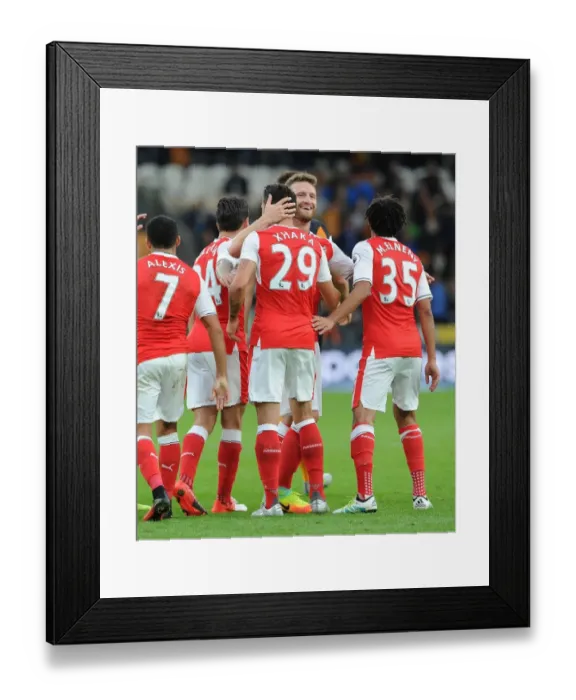 Framed Print : Xhaka and Mustafi: Celebrating Arsenal's Fourth Goal Against Hull City (2016-17)