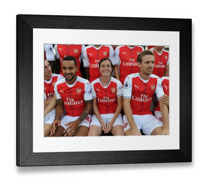 Framed Print : Arsenal 1st Team Squad: United in Purpose - Theo Walcott, Nacho Monreal, and Natalia Pablos Sanchon at 2016-17 Photocall