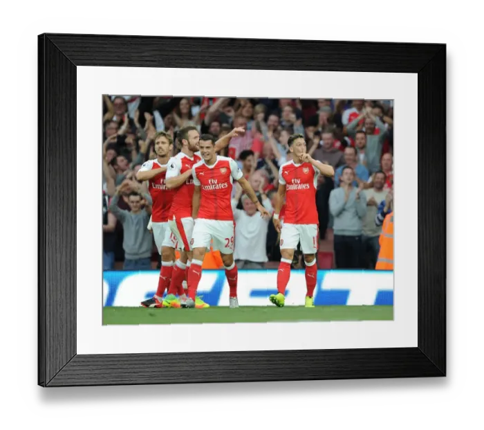 Framed Print : Arsenal Triumph: Ozil, Mustafi, Xhaka Celebrate Goals Against Chelsea (2016-17)