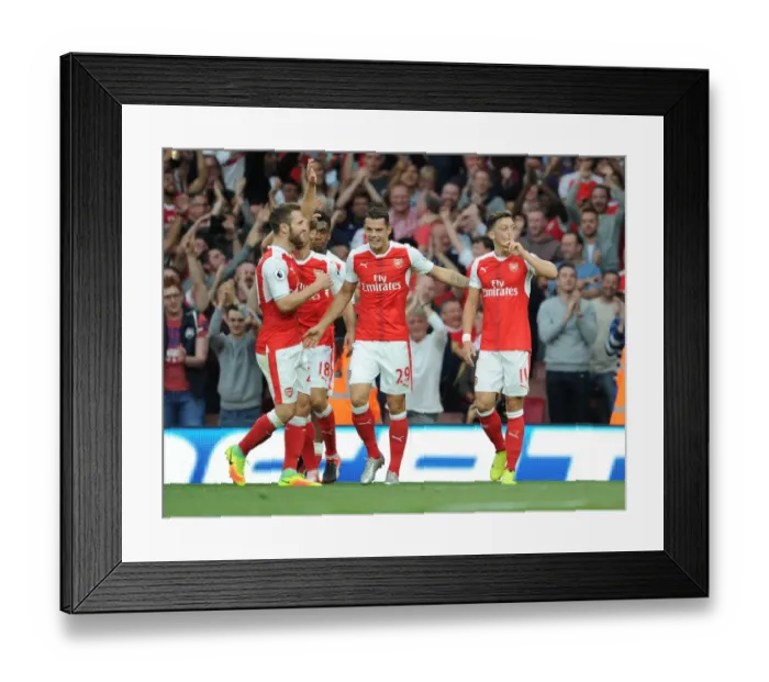 Framed Print : Arsenal's Glory: Ozil, Mustafi, Xhaka Celebrate Goals Against Chelsea (2016-17) Framed Print : Arsenal's Glory: Ozil, Mustafi, Xhaka Celebrate Goals Against Chelsea (2016-17)