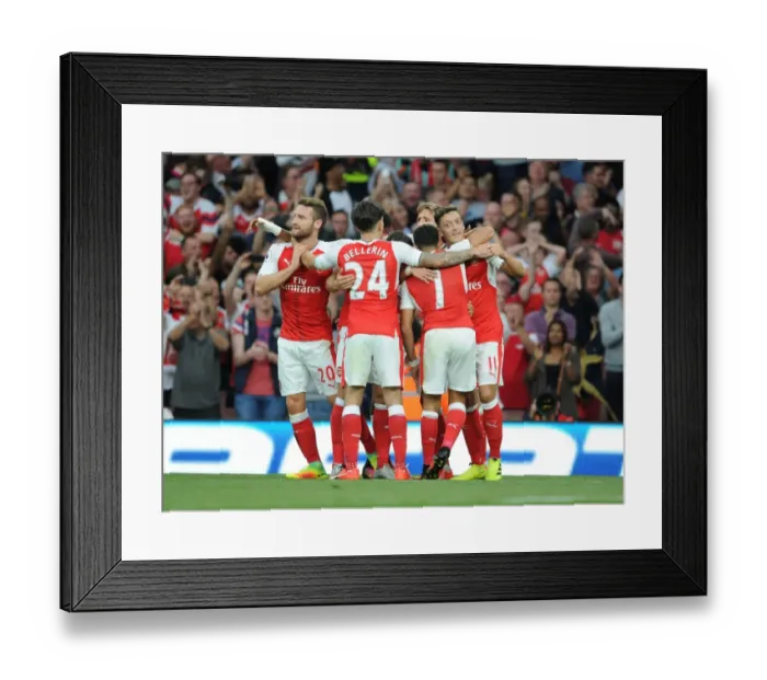 Framed Print : Arsenal's Triumph: Ozil, Sanchez, and Bellerin's Goal Celebration vs. Chelsea (2016-17)