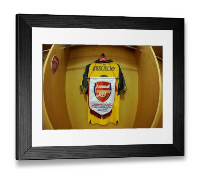 Framed Print : Laurent Koscielny's Arsenal Shirt in the Changing Room Before Arsenal v FC Basel Match (2016-17)