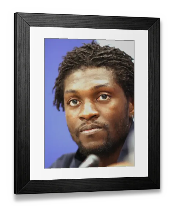 Framed Print : Arsenal's Emmanuel Adebayor Pre-Match Press Conference Ahead of Battle with Dynamo Kiev in UEFA Champions League (September 16, 2008)